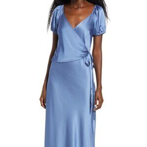 WAYF Blue Satin Faux Wrap Dress "The Bea" BNWT Vneck